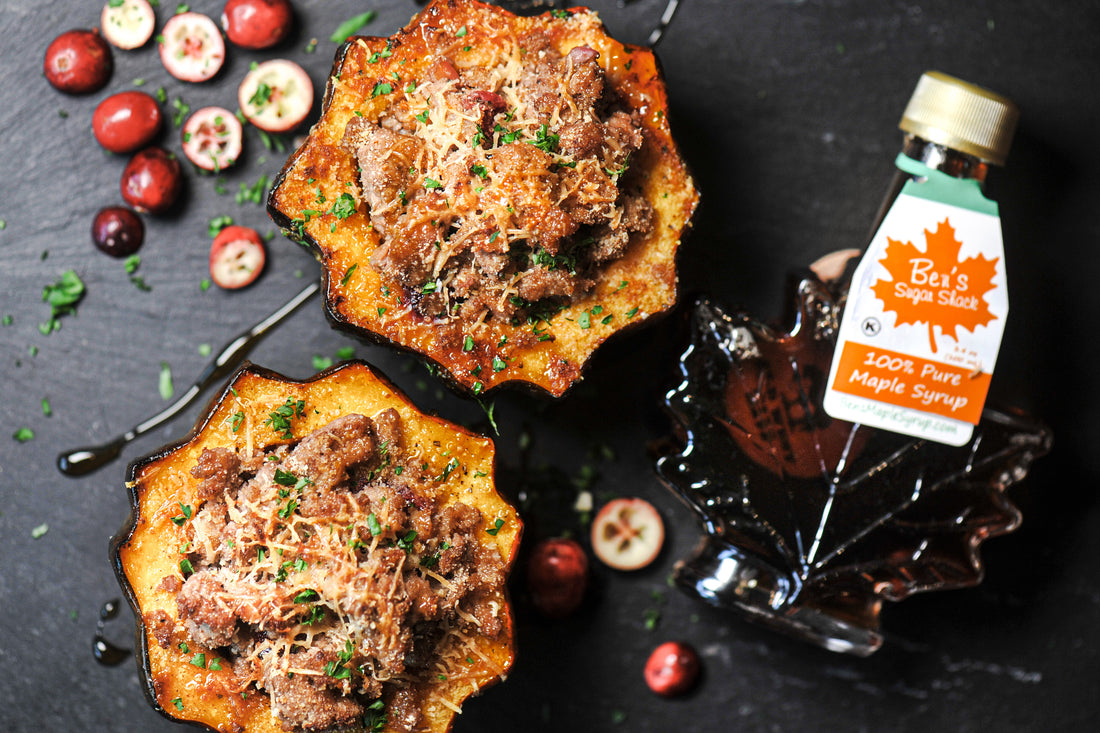 Maple sausage and cranberry stuffed acorn squash.