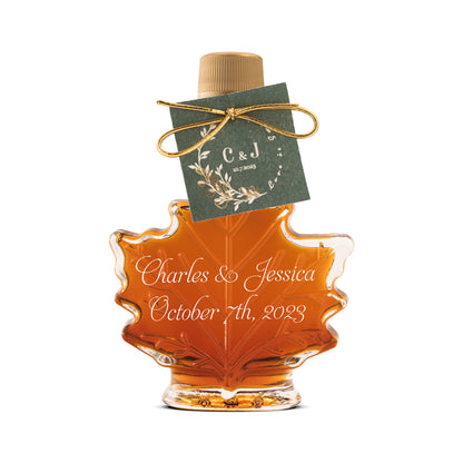 Pure Maple Syrup Favors - Glass Leaf Bottle - 1.7 oz - CUSTOM PRINT GLASS