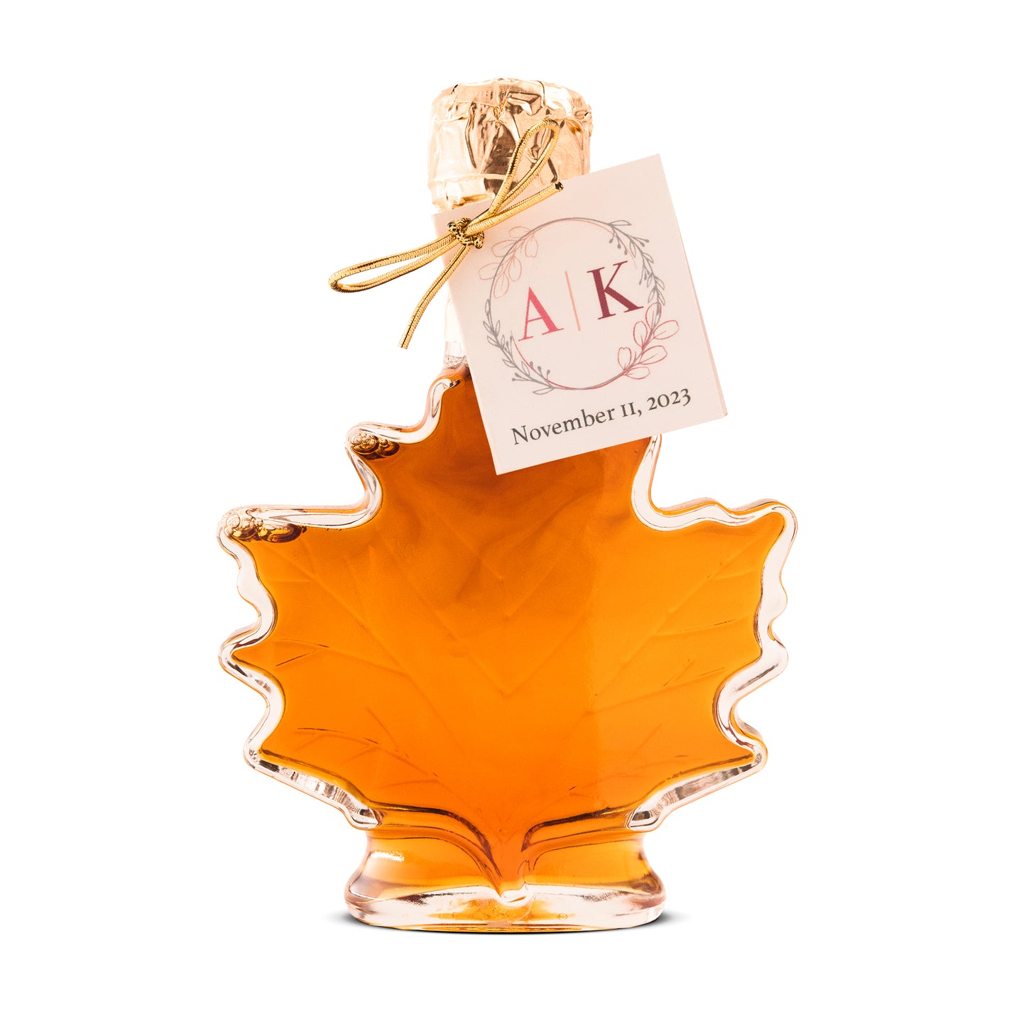 Pure Maple Syrup Favors - Glass Leaf Bottle - 3.4 oz - CUSTOM TAG