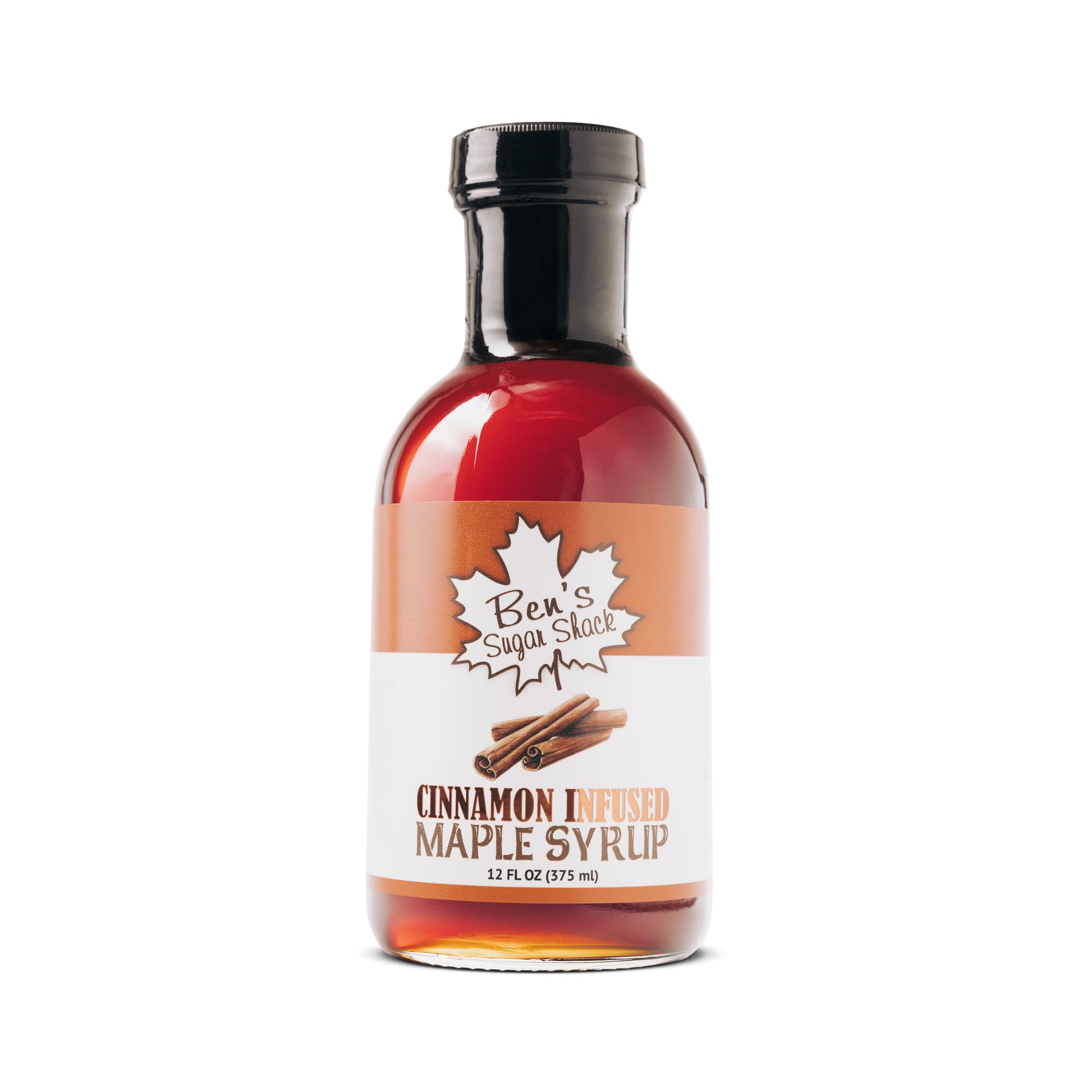 A 12 oz. bottle of cinnamon infused maple syrup from Ben's Sugar Shack.