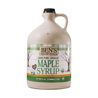 A 1 pint plastic jug of 100% pure organic maple syrup from Ben's Sugar Shack.